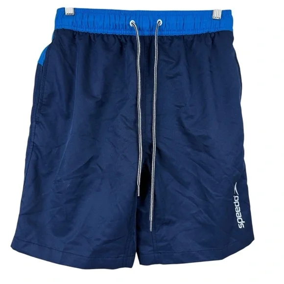 Speedo Mens Swim Trunks Dark Blue Bright Blue Color Block Drawstring Size Small - Picture 1 of 9
